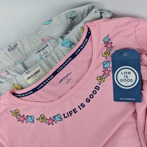 Life Is Good Seashells Starfish PJ Set Short Sleeve Top Shorts Pink Grey L NWT - Picture 11 of 11